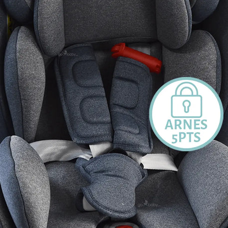 Autoasiento supreme 360 color azul mostrando el arnes