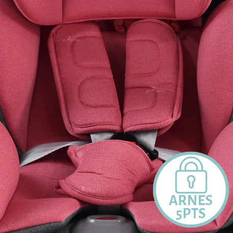 Autoasiento supreme 360 color rosa mostrando  el arnes