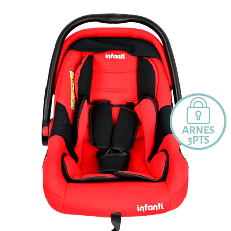 Portabebe-Autoasiento Infanti Con Soporte Rojo vista frontal con icono de arnes
