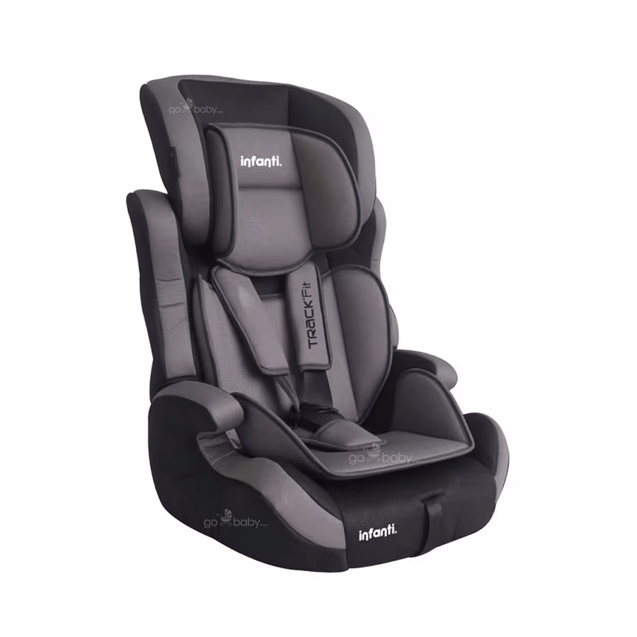 Autoasiento booster grupo 1,2,3 color gris con negro en vista diagonal