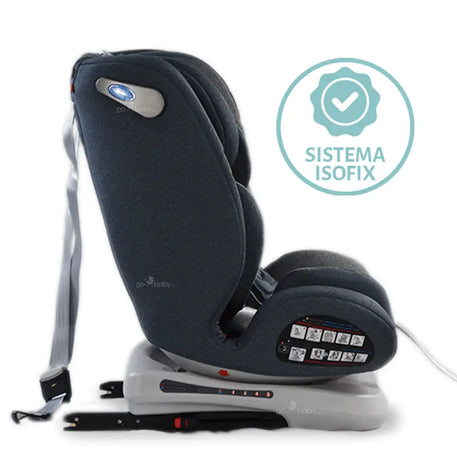 Autoasiento supreme 360 color azul con vista lateral mostrando el siste iso fix