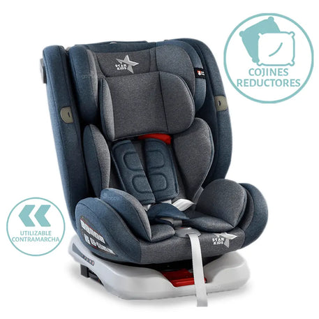 Autoasiento supreme 360 color azul con vista diagonal. 