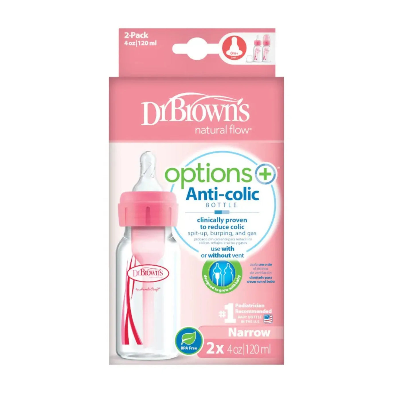 Dr Brown's Options+ 2 Biberones Rosas de 9 oz 0m+ nivel 1